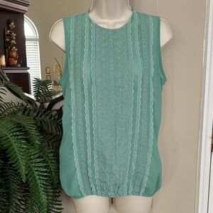 Temperance Sage Green Sleeveless Sheer Top Scalloped Lace Textured See-Thru Mesh